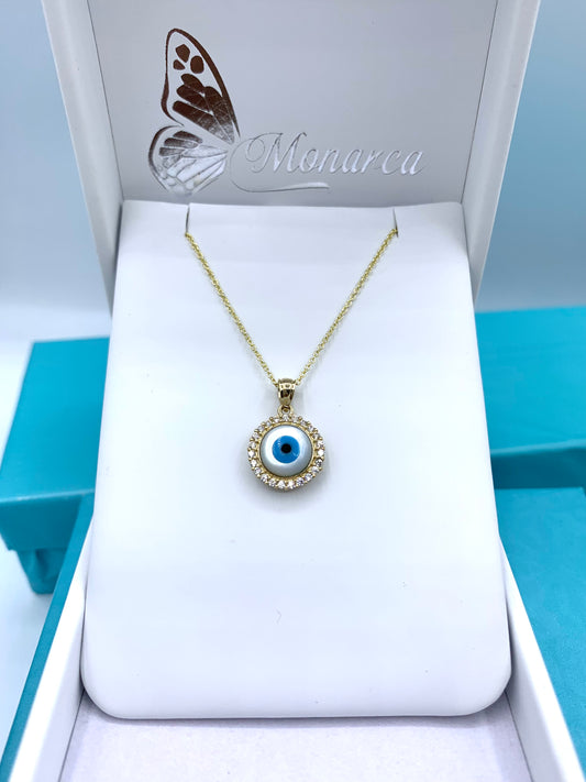 14 K YELLOW GOLD ROUND EVIL EYE NECKLACE