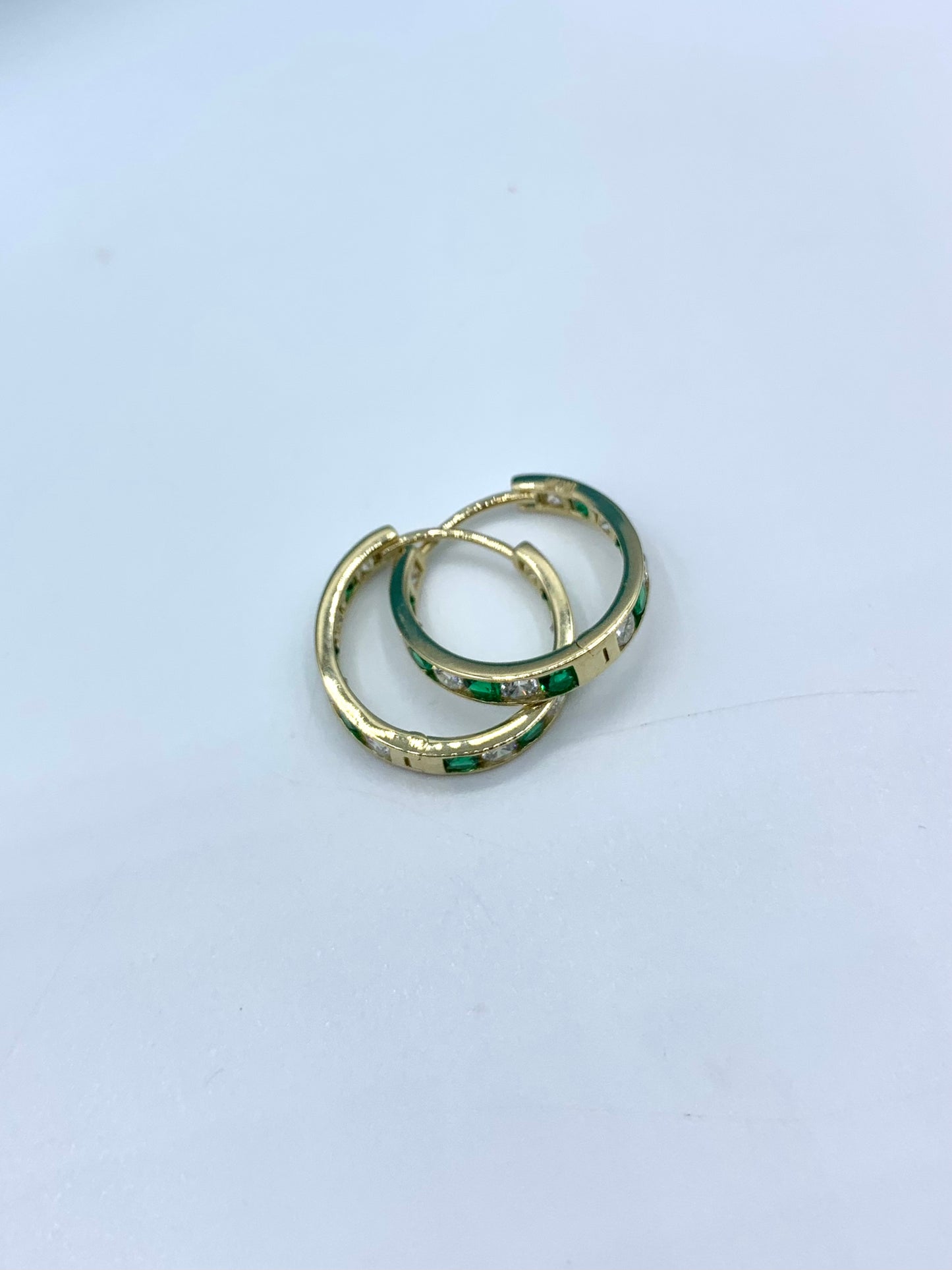 14 K YELLOW GOLD GREEN CZ HOOPS