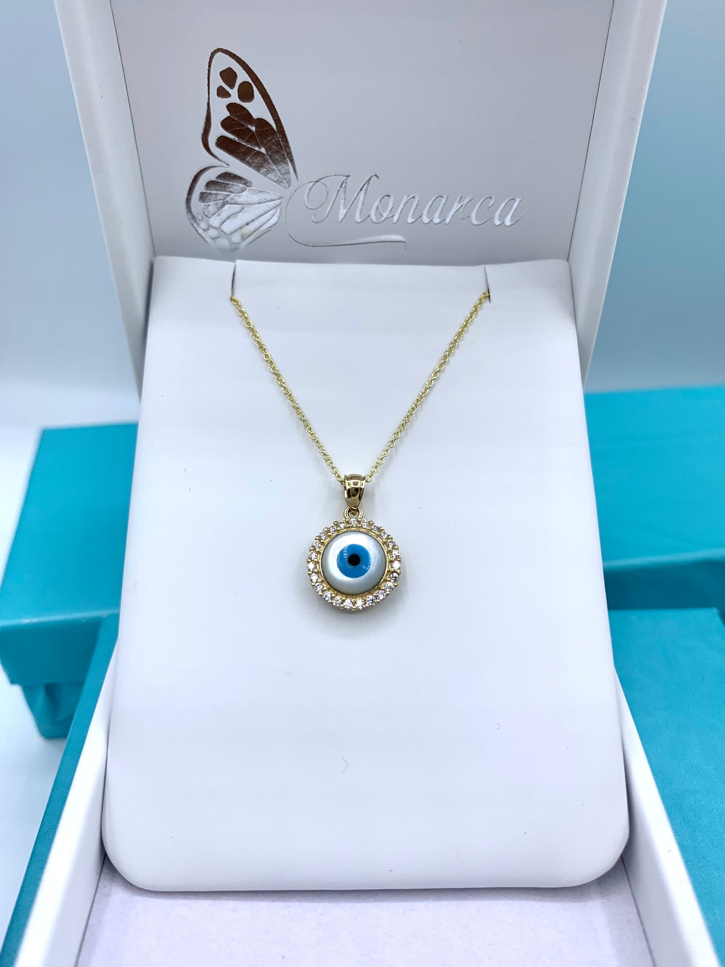 14 K YELLOW GOLD ROUND EVIL EYE NECKLACE