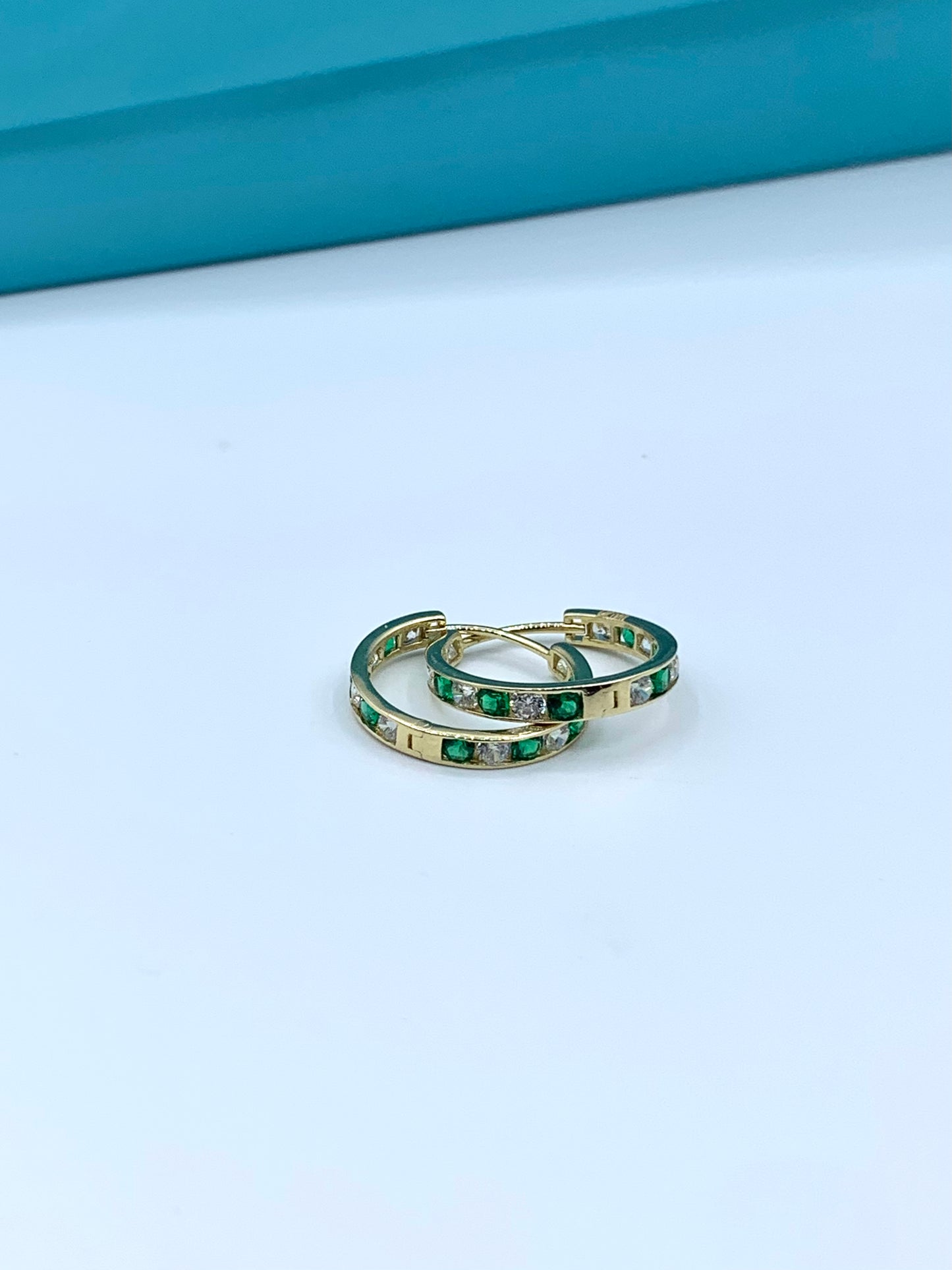 14 K YELLOW GOLD GREEN CZ HOOPS